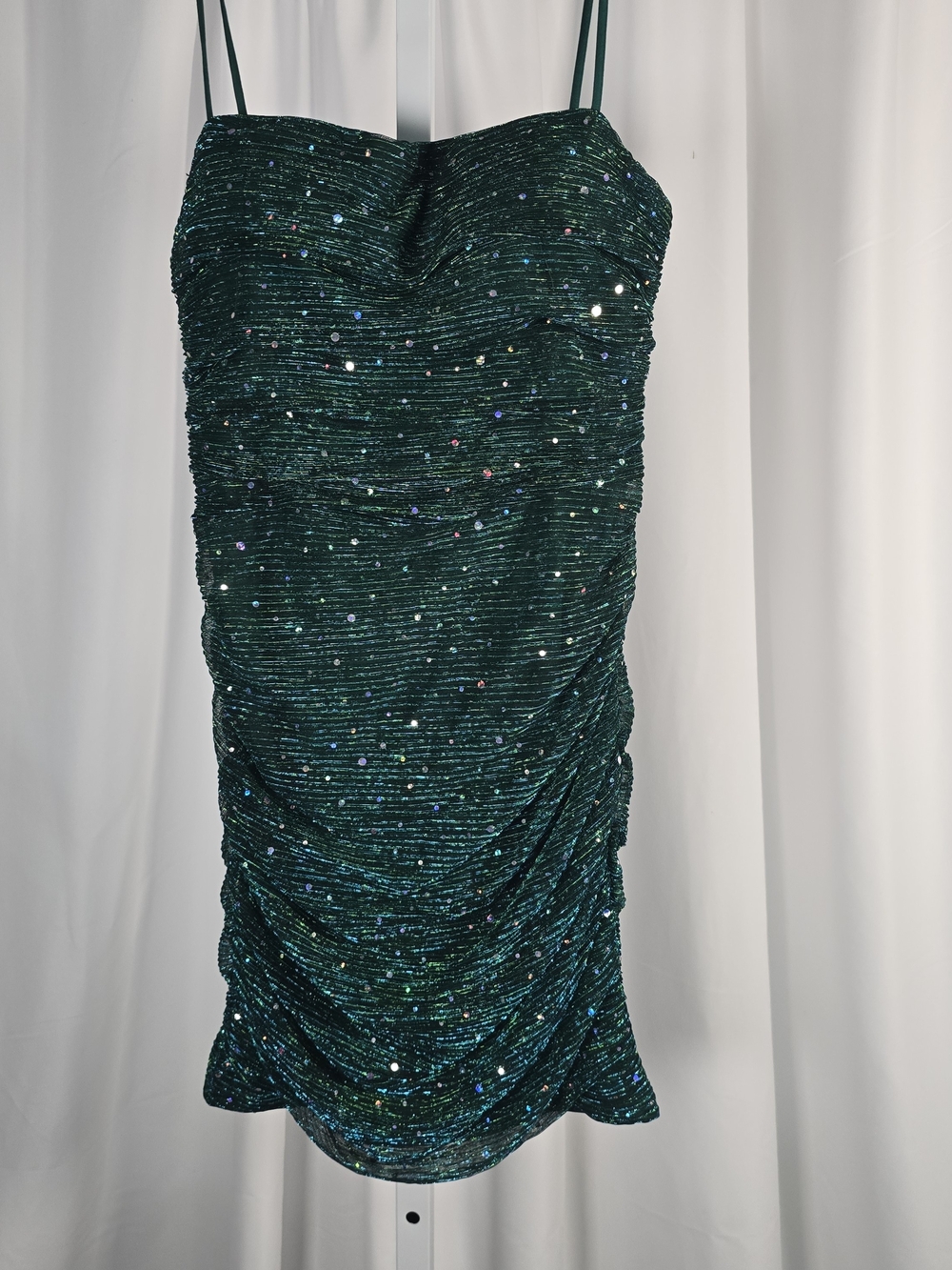 Lulus Flirty Vibes Teal Sparkly Ruched Bodycon Mini Dress Size M Party Wedding